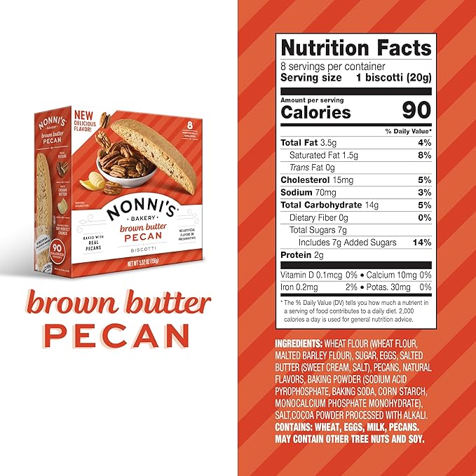 Nonni's Brown Butter Pecan Biscotti, Nutty Pecan Cookie with Rich Browned Butter Flavor, 8 Individually Wrapped Bakery Snacks, 5.52 oz, 3 Pack