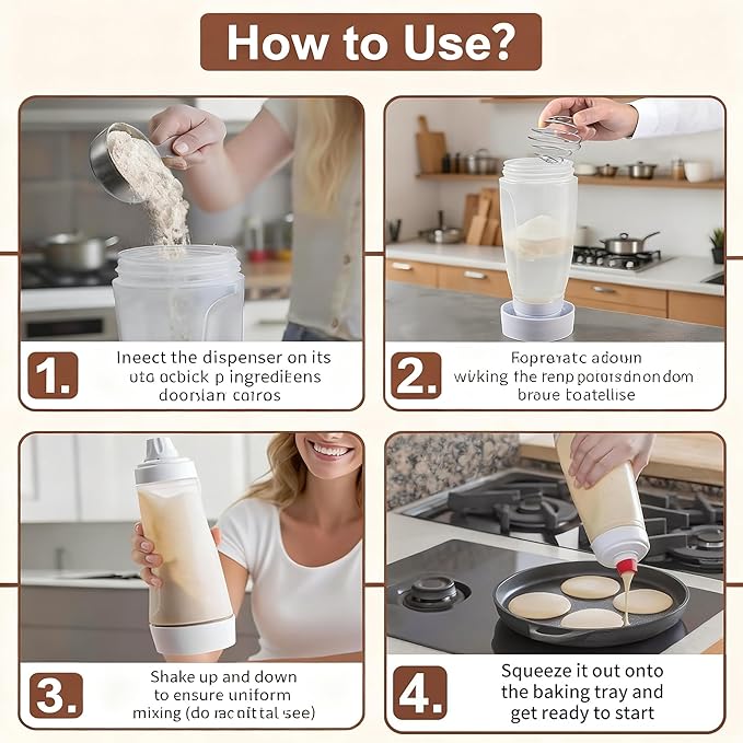 Batter Mixer and Dispenser with Whisk Ball, 1000ml Silicone Squeeze Pancake Batter Dispenser and Mixer, Stand Base and Leak-proof Sealing Ring for Pancakes Crepes Waffle Muffins Cupcakes
