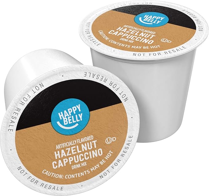 Happy Belly Light Roast Cappuccino Coffee Pods, Hazelnut Flavored, Compatible with K-Cup Brewers, 24 Count