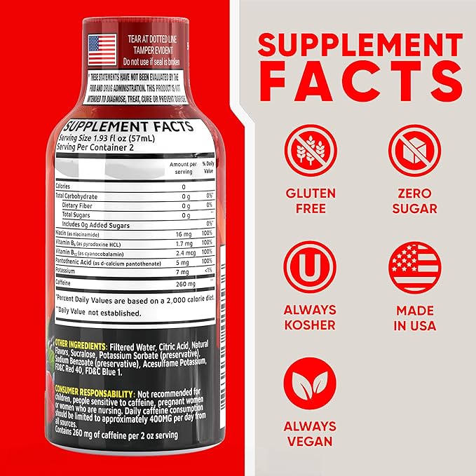 Fruit Punch Extra Strength Energy Shot 48 pk – 260mg Natural Caffeine B12 B6 – Energy & Focus Support – 2 Servings Sugar Free Zero Calorie Green Tea B-Vitamins Electrolytes Vegan – 1.93 fl oz
