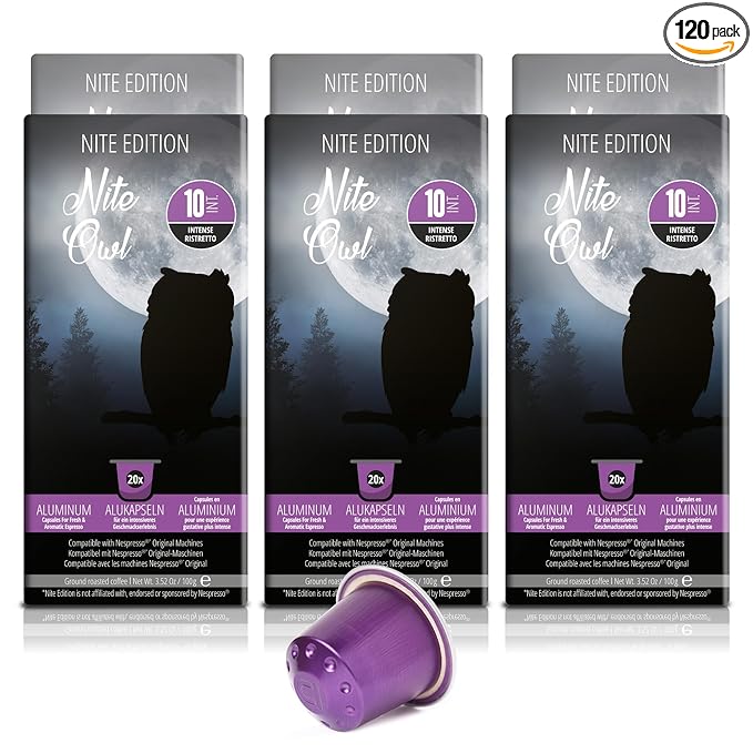 Nite Owl 120ct Nespresso Original Machine Compatible Pods I Intensity 10 I Aluminum Coffee Capsules I Ristretto Italiano I Arabica Espresso Dark Roast I Fully Nespresso Compatible