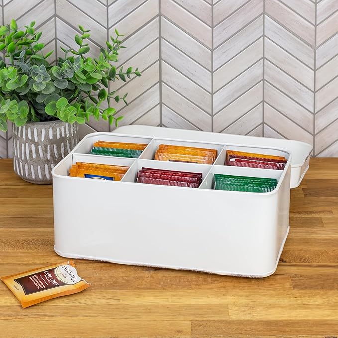 AuldHome Design Farmhouse Tea Bag Box (White), Vintage Retro Style Enamelware Tea Storage Tin