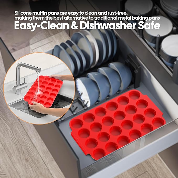 2-Pack Silicone Muffin Pan for Baking – Mini 24-Cup Nonstick Cupcake Pan with Handle, Food-Grade Certified, Odorless, BPA-Free, Silicone Baking Mold for Muffins, Egg Bites, Cupcakes