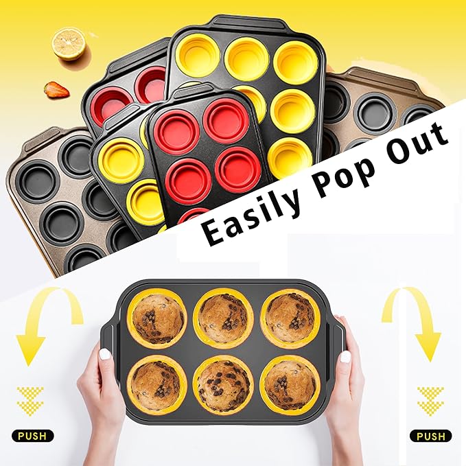 Silicone Muffin Pan Set, 6 Cups Cupcake Pan, With Metal Frame Nonstick Press to Easily Pop Out for Baking Homemade Muffins,Breads, Cupcakes, Egg Bites, BPA-Free Silicone (Yellow, 6Cups)