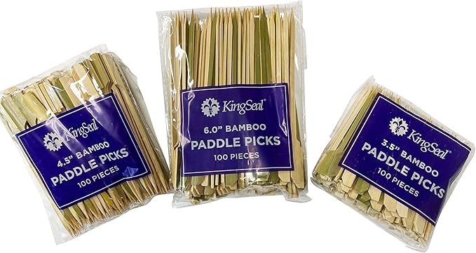200 Count | KingSeal Natural Green Bamboo Wood Paddle Picks, Skewers for Appetizers and Cocktails, 3.5 Inches - 2 Packs of 100