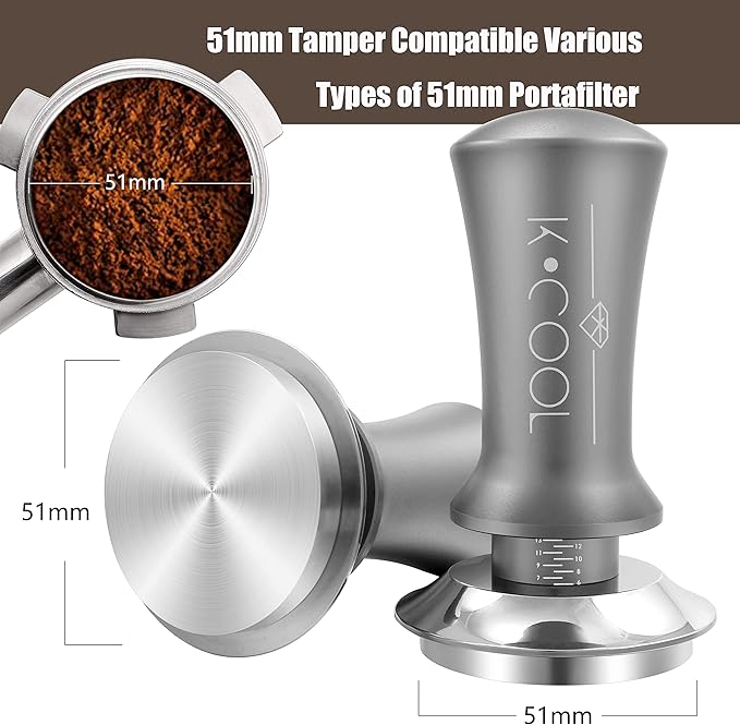 K COOL 51mm Coffee Espresso Tamper, Premium Barista Tools, Calibrated Spring Tamper, 100% Stainless Steel Flat Base Tamper with Scale Mark for Espresso Machine (Silver)