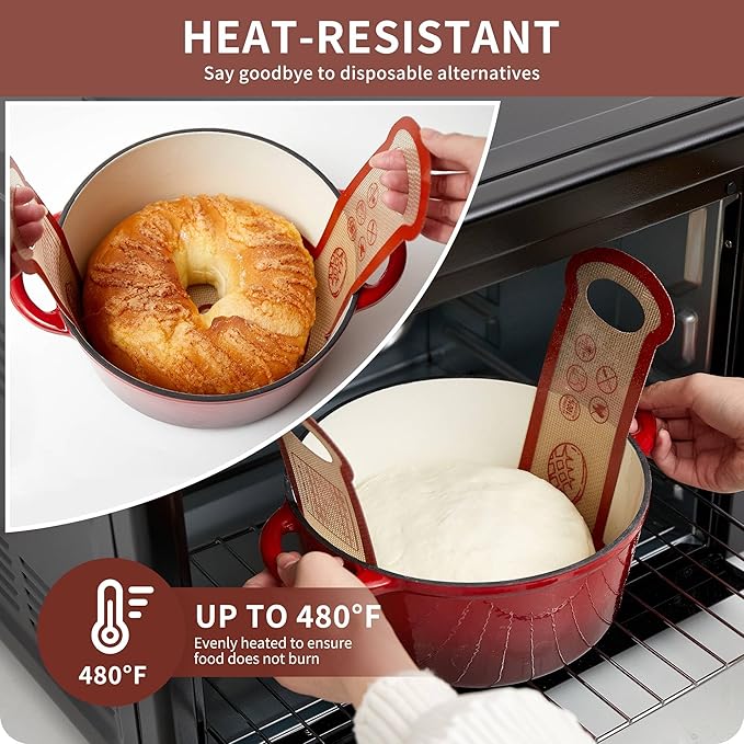 Silicone Sourdough Bread Sling Mat - 2Set Round Dough Baking Slings For Dutch Oven, NonStick High Degree Kitchen Sourbread Making Loaf Pan Lifter Liner, Reusable Cooking Transfer Mats with Long Handle
