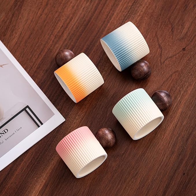 Ceramic Mini Espresso Cups Demitasse Cups with Round Wooden Handle Vertical Stripes Tea Cups (Beige&Orange, 2pcs)