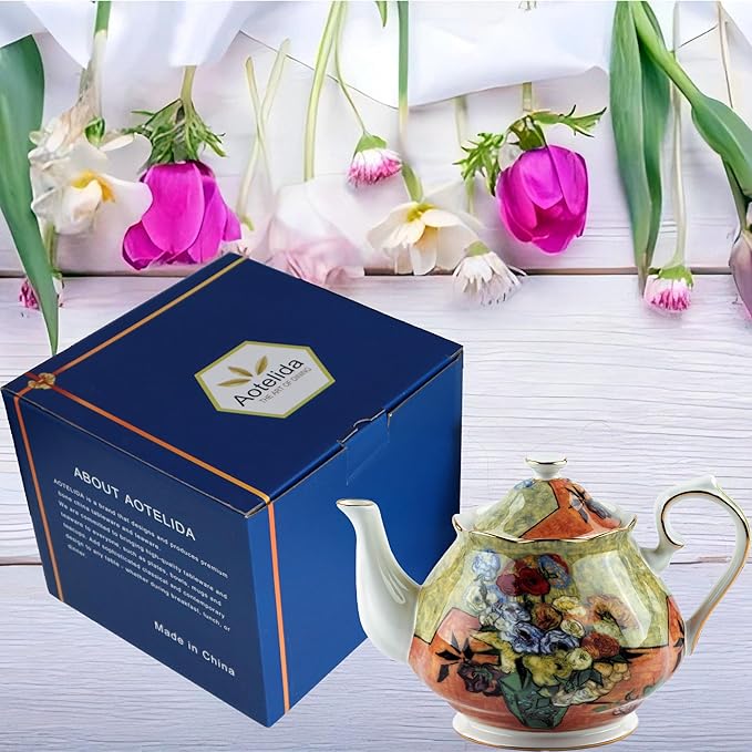 Teapot 30 oz Van Gogh Paintings Bone China Loose Tea Pot Floral Design Vintage Ceramic Coffee Water Pot European Style Porcelain (Flower Vase)