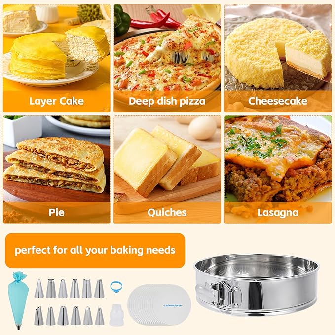 Aufind Springform Pan Set for Baking (9,10inches), 304 Stainless Steel Springform Cake Pan with Removable Bottom, Cheesecake Pan with 50PCS Parchment Paper for Pie Cake Pizza and Quiches