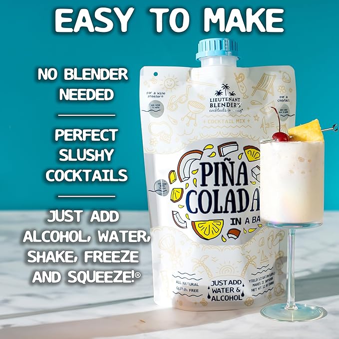 Lt. Blender's Pina Colada in a Bag – Pina Colada Drink Mix - Each Bag Makes 1/2 Gallon of Slushie Pina Colada Mix – Cocktail Mix - Make a Cocktail, Wine Slushie or Mocktail - (Pack of 4)
