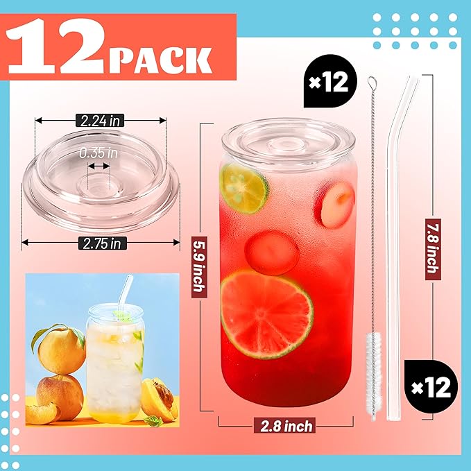 Joyclub 12pcs Glass Cups with Acrylic Lids and Straws 16 oz Can Shaped Glass Iced Coffee Cups with Lids and Straws, Cute Tumbler Cup Drinking Glasses for Smoothie Whiskey Boba Soda Tea Gift