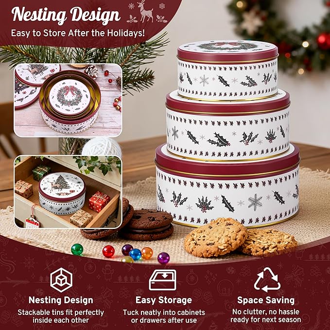 3 Pack Christmas Cookie Tins with 10 Baking Papers, Reusable Nesting Round Metal Cookie Containers with Airtight Lids for Treat Storage & Holiday Gift Giving (Large, Medium, Small)
