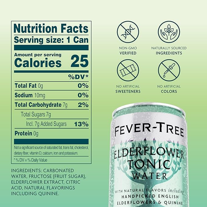 Fever-Tree Elderflower Tonic Water - Premium Quality Mixer - Refreshing Beverage for Cocktails & Mocktails. Naturally Sourced Ingredients, No Artificial Sweeteners or Colors - 5.1 Fl Oz Cans - Pack of 8