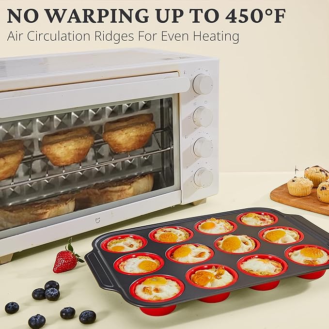 BRONYPRO Silicone Muffin Pans for Baking with Metal Frame, Egg Bite Molds, Cupcake Pans 12 Regular Size, Muffin Tins Easy to Pop Nonstick Non Toxic Bakeware for Oven, Red
