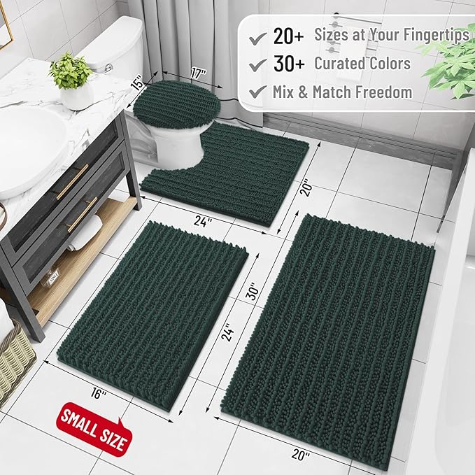 Arotive Luxury Chenille Bathroom Rug Mat, Extra Soft Thick Absorbent Shaggy Bath Rugs, Non-Slip Machine Wash Dry, Plush Bath Mats for Bathroom, Shower and Tub, 60x24, Dark Green