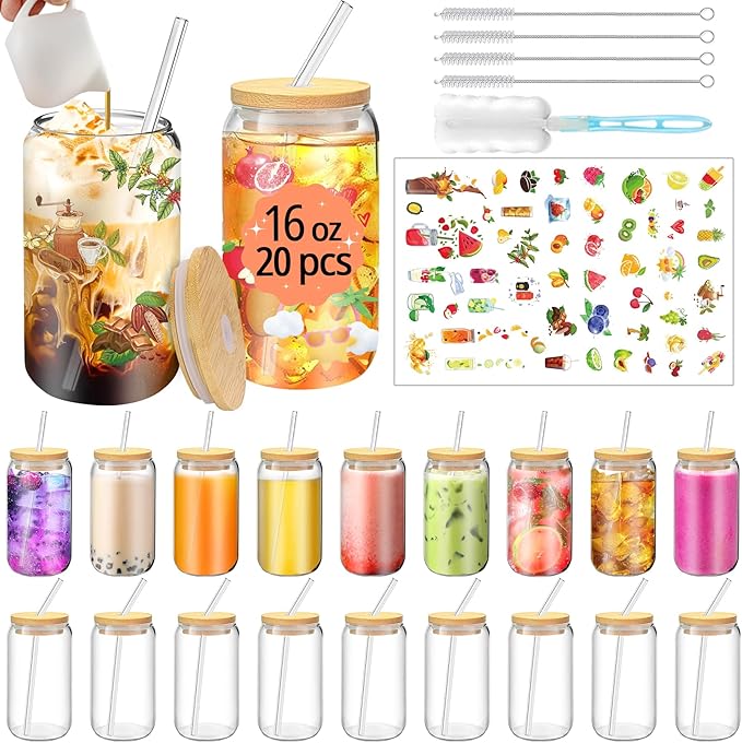 16 OZ Glass Cups with Lids and Straws, 20 Set Can Beer Glass Cups with Bamboo Lids Cute and Reusable Drinking Glasses with Lid Ice Coffee Glasses Great for Beer, Cocktail, Tea and Latte