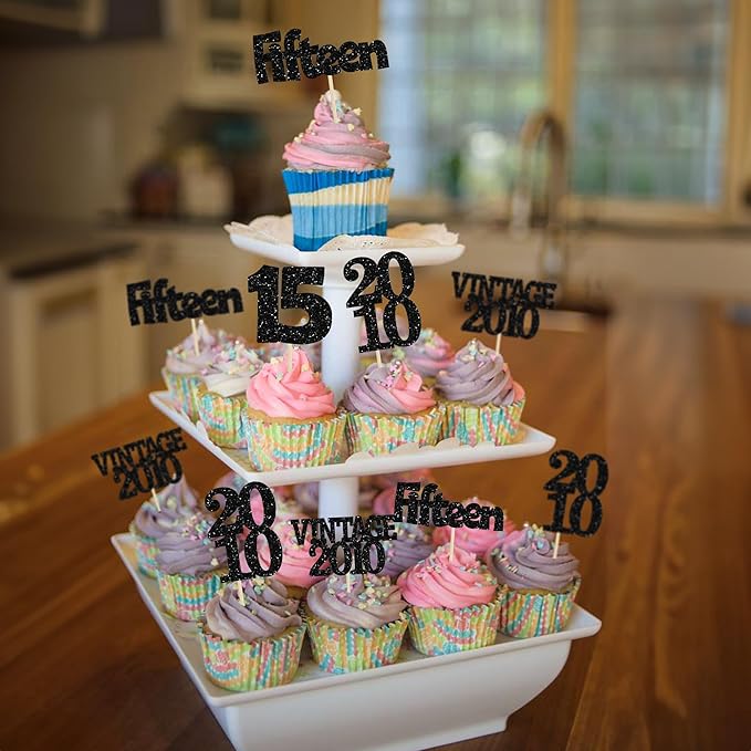 Gyufise 24Pcs 15th Birthday Cupcake Toppers Glitter Fifteen Vintage 2010 Sweet 15 Cupcake Picks Hello 15 Years Birthday Cake Decorations for Happy 15th Anniversary Party Supplies Black