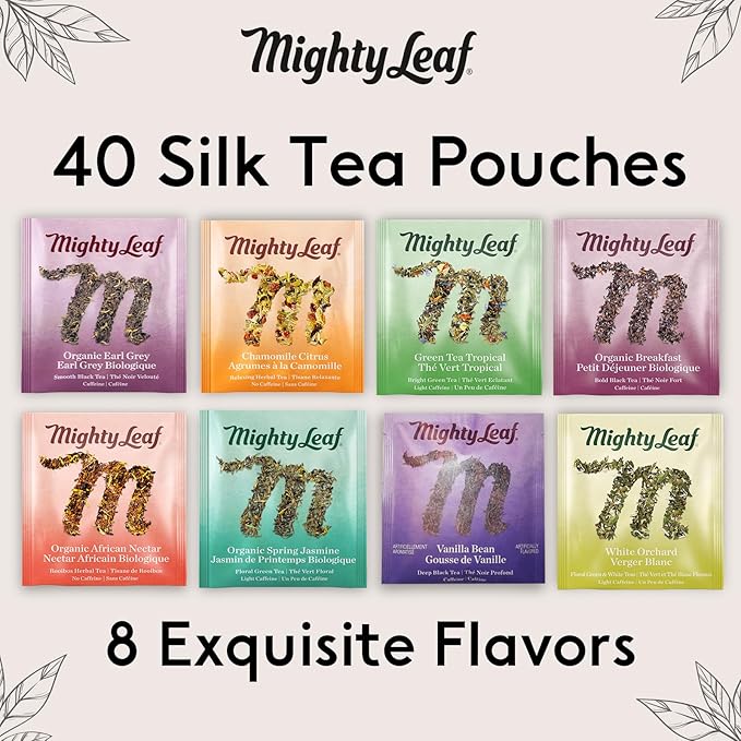 Mighty Leaf Organic Tea Sampler – 40 Count Silken Tea Bags – 8 Assorted Flavors: Tropical Green, Chamomile Citrus, Earl Grey, Vanilla Bean, White Orchard, Breakfast, Spring Jasmine, African Nectar – Premium Tea Gift Box