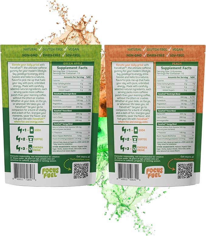 FocusFuel Energy Chews Variety Pack – Peach & Green Apple (2-Pack, 30 Servings Total) – 100mg Natural Caffeine + Nootropics – Crisp, Sweet Energy Combo