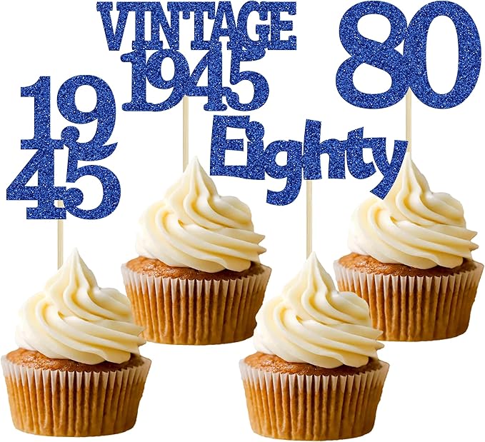 Gyufise 24Pcs Vintage 1945 Cupcake Toppers Glitter Cheers to 80 Fabulous Eighty Cupcake Picks 80th Birthday Wedding Anniversary Party Cake Decorations Supplies Deep Blue