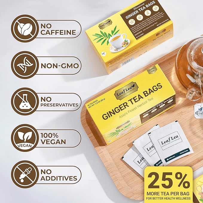 LeafLea 100% Pure Ginger Root Tea Bags – Spicy & Warming Herbal Tea, Supports Digestion & Immune Health, Individually Wrapped, Non-GMO, Caffeine Free, Sugar Free, No Gluten