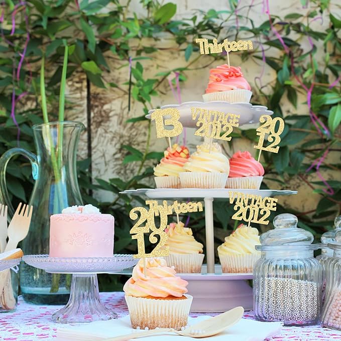 Gyufise 24Pcs Official Teenager 13 Cupcake Toppers Glitter Thirteen Vintage 2012 13th Birthday Cupcake Picks Hello 13 Years Birthday Cake Decor for Happy 13th Anniversary Party Supplies Gold