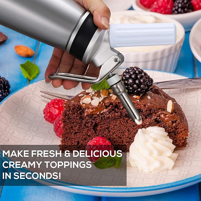 OCTANDRA Professional Whipped Cream Dispenser – 1 Pint Aluminum Whipper Canister - Whipping Siphon - Whip Cream Maker with 3 Stainless Steel Tips, 2 Charger Holders, Brush & Storage Cap