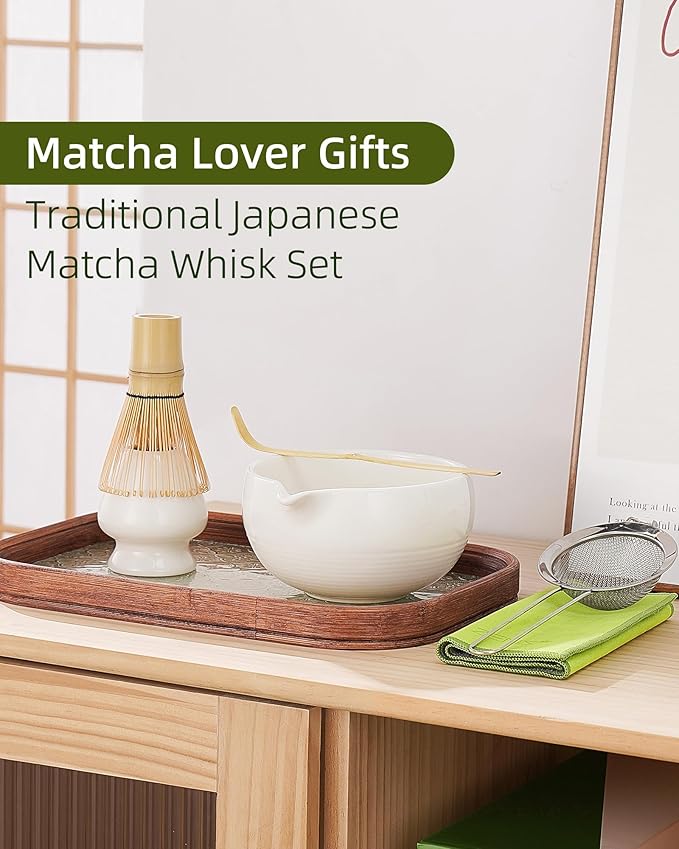 ZENS Matcha Whisk Set, 6pcs Matcha Kit Set Includes Ceramic Bowl and Bamboo Whisk & (Chasen Holder), Sifter, Scoop -Tea Towel, Japanese Chawan with Spout for Lovers, White