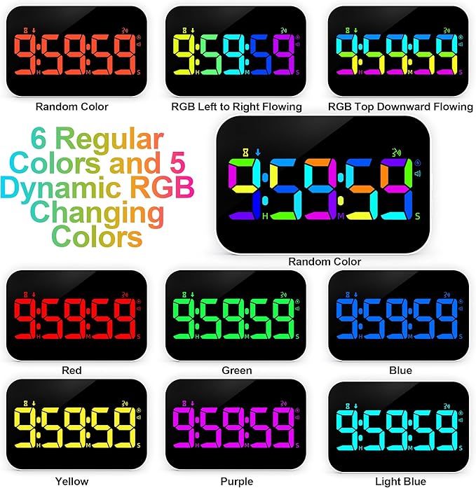 Kitchen Timer for Cooking, 10 RGB Color Rechargeable Digital Magnetic KidsTimer with Voice Reminder, Countdown/Up, 5”LED Display 3 Brightness 4 Volume Adjustable for Kids Classroom Home Gym-RGB