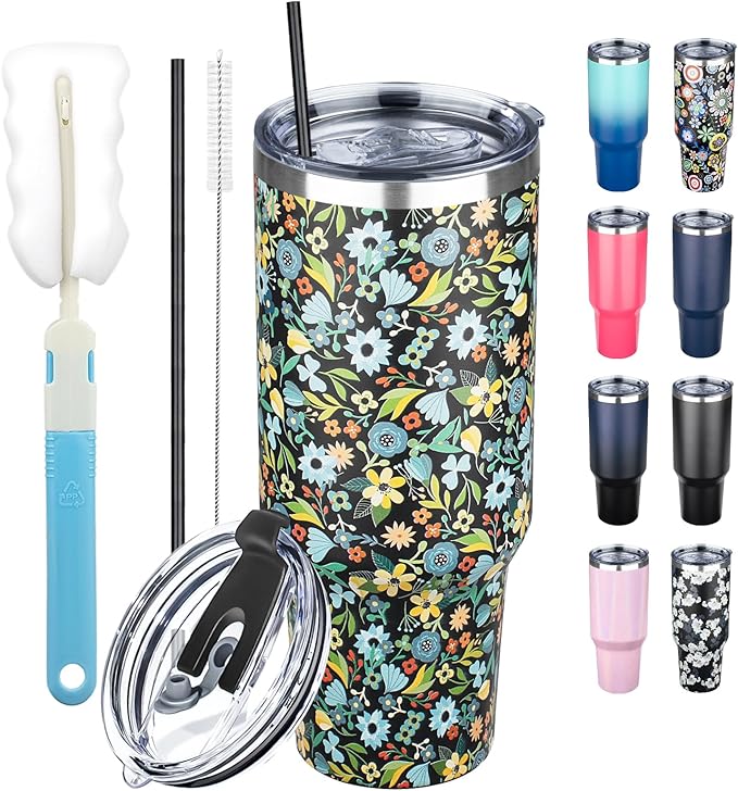 40 oz Tumbler with Lids and Straws, Stainless Steel Insulated Coffee Tumbler, Double Wall Vacuum Insulated Travel Mug Cup, Leakproof Thermal Coffee Cup for Hot and Cold Drinks (Blue Flower)