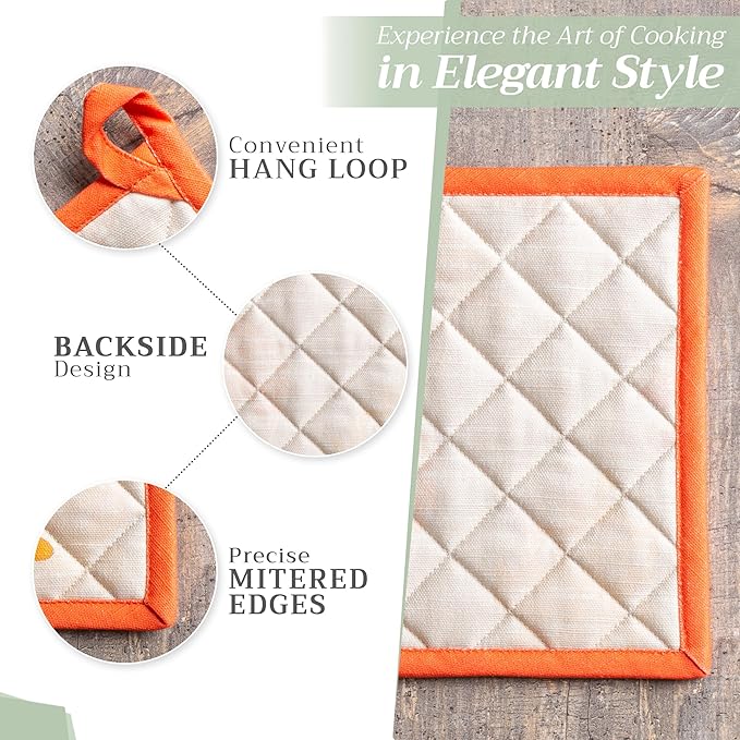Maison d' Hermine Pot Holders Set 100% Cotton Heat Resistant Potholders 8" x 8" Hot Pads with Loop BBQ, Cooking, Baking, Grilling, Kitchen, Handling Hot Pans (Pack of 2, Colors of Autumn)