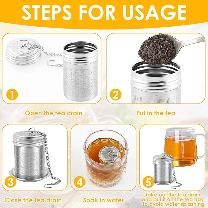 Tea Infuser Strainers with Drip Tray 304 Stainless Steel Tea Filter Strainer with Chain Hook Fine Mesh Tea Infuser Steeper Reusable Tea Strainers Easy to Use for Loose Tea Mulling Spices (Silver 4PCS)