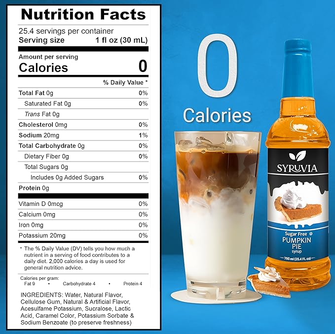 Syruvia Sugar Free Pumpkin Pie Coffee Syrup, Flavored Syrup for Drinks, Lattes, and Desserts – 25.4 fl oz, With Pump