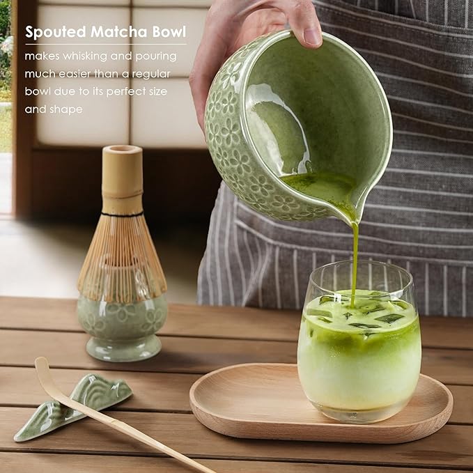 7Pcs Matcha Whisk Set, Ceramic Matcha Bowl with Spout,Bamboo Whisk and Holder, Bamboo Scoop,Scoop Rest,Sifter and Tea Towel,Matcha Kit w/Cherry Blossom Carved Pattern (Mottled Green)