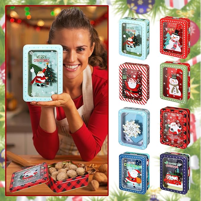 Tioncy 8 Pcs Christmas Cookie Tins with Lids Large Cookie Boxes Metal Empty Tins Santa Tinplate Xmas Gift Box for Christmas Holiday Candies Treats Storage Container (Novel)
