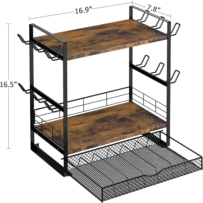 Coffee Station Organizer, 3 Tier Bar Organizer for Countertop, Mug Cup Holder Stand With 12 Hooks and 28 K Cup Storage for Kitchen, Home & Office, Rustic Brown