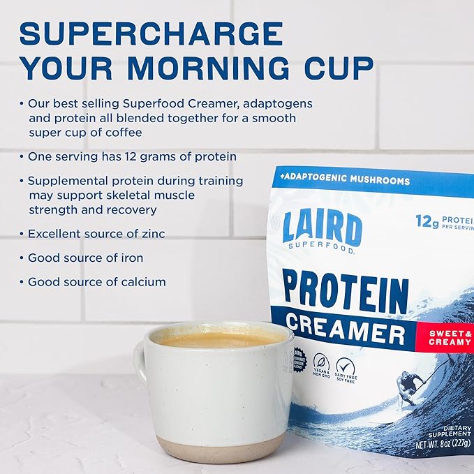 Laird Superfood Non-Dairy Protein Creamer, Sweet & Creamy + Adaptogens, Superfood Creamer with Functional Mushrooms, 12g Protein Per Serving, 8oz Bag
