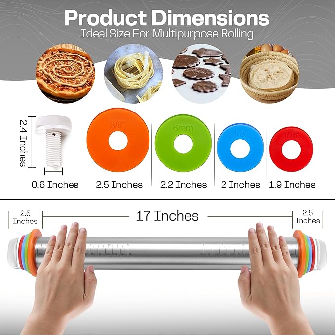 Adjustable Stainless Steel Rolling Pin with 4 Dough Thickness Rings & Non-Stick Red Pastry Mat – 17" Professional Tool for Baking Pizza, Pasta, Cookies & Pie Crusts
