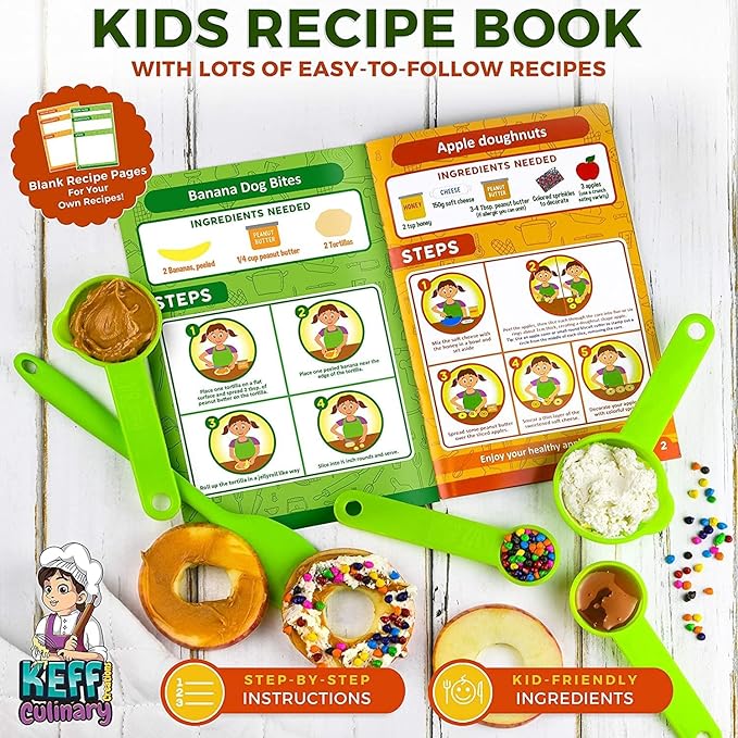 KEFF Kids Kitchen Set for Cooking & Baking with Recpie Book - Kids Knife Set for Real Cooking, Montessori Kitchen Tools for Toddlers - Real Utensils with Cutting Board and Knifes BPA-Free