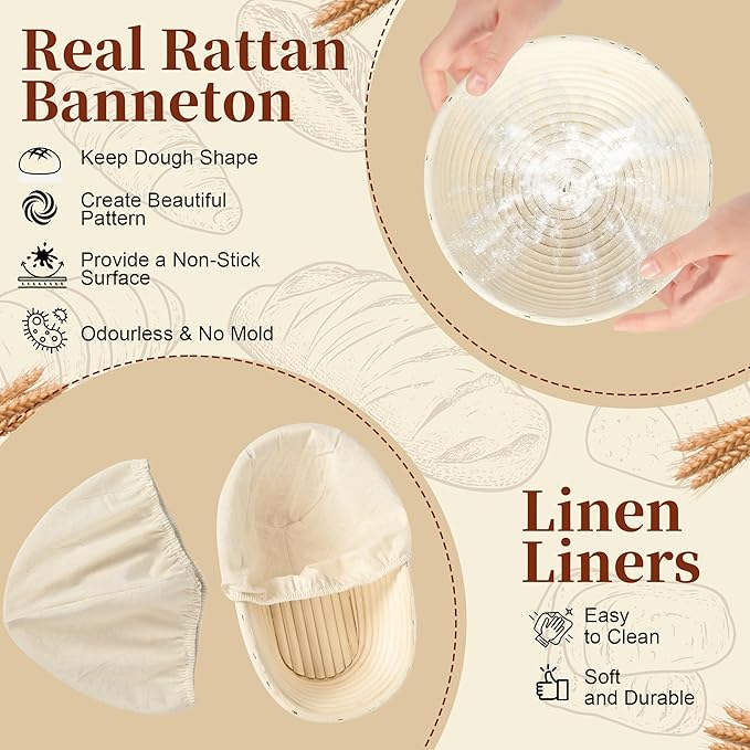 Sourdough Starter Kit, 9" Round & 10" Oval Banneton Bread Proofing Basket Set, Sourdough Starter Jar Glass, Complete Sourdough Bread Baking Supplies Making Tools Gifts for Bakers Women Mom