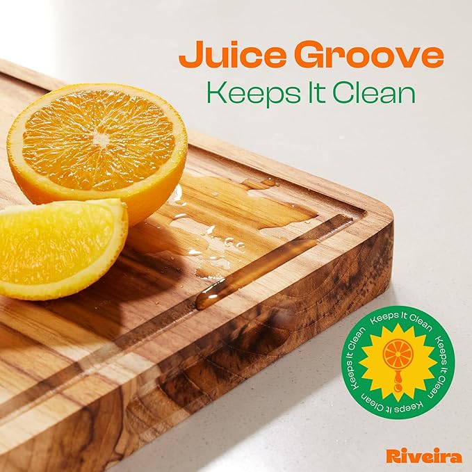 Riveira Teak Wood Cutting Board – Gourmet Teak Grandeur: 15 x 10 Wooden Cutting Board – Natural Wooden Cutting Boards For Kitchen Decorative – Innovative Juice Grooves Teak Wooden Chopping Board