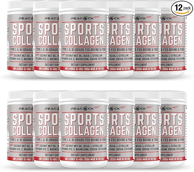 Sports Collagen Powder, 12.42 oz, Pack of 12 - Grass Fed Bovine & Wild Fish Hydrolyzed Type I, II, III Multi Collagen Peptides, Unflavored Protein Powder with Electrolytes