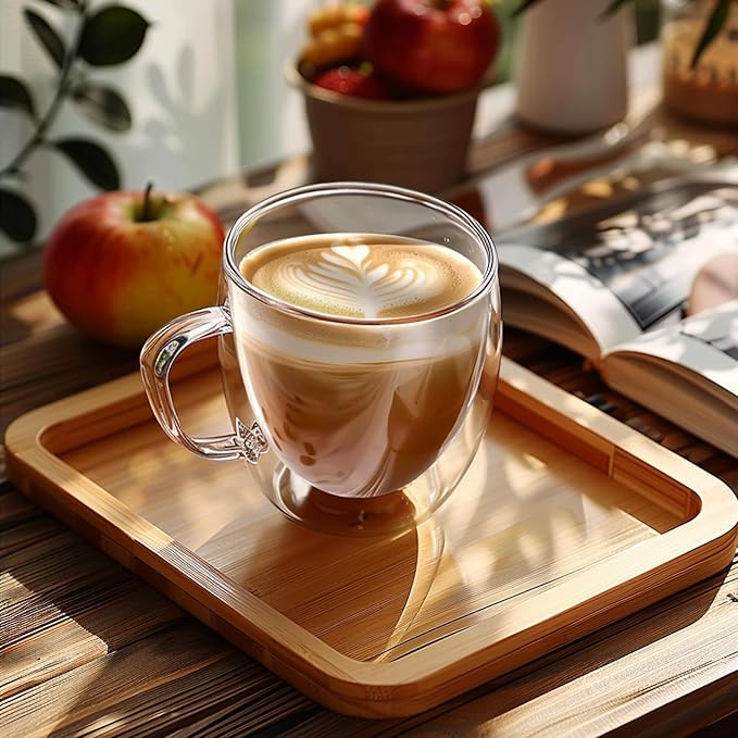 Set of 4 Double Walled Glass Coffee Mugs 8 Ounces Insulated Layer Coffee Cups with Handle Borosilicate Glass Espresso Cup for Hot Beverage,Cappuccino,Tea,Latte,Wine,Microwave Safe