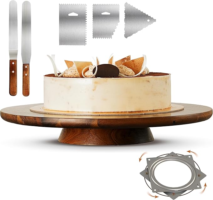 13" Acacia Cake Stand Rotating – Rustic Wood Pedestal Stands Turntable with 2 Icing Spatulas, 3 Smoothers – Wooden Spinning Cake Decorating Serving for Cupcake Dessert Display in Party, Wedding