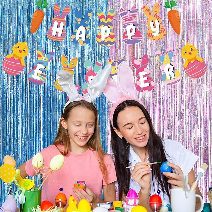 BRAVESHINE Pink Blue Tinsel Foil Fringe Curtains - 2Pcs 3.2x8.2ft Holidays Photo Streamers Backdrop for Easter Girl or Boy Birthdays Bridal Shower Party Supplies Decorations