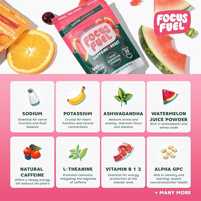 FocusFuel Energy Chews – Watermelon Flavor (15 Servings) – 100mg Caffeine + L-Theanine + B12, Magnesium – All-Natural Energy Boost – No Crash or Jitters