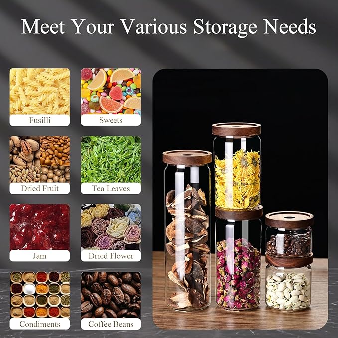 Glass Jars with Airtight Wood Lids - 17 oz Small Kitchen and Pantry Storage Containers, Canisters for Chia Seed, Ground Coffee, Sugar, Spice, Salt, Salad, Matcha, Set of 2