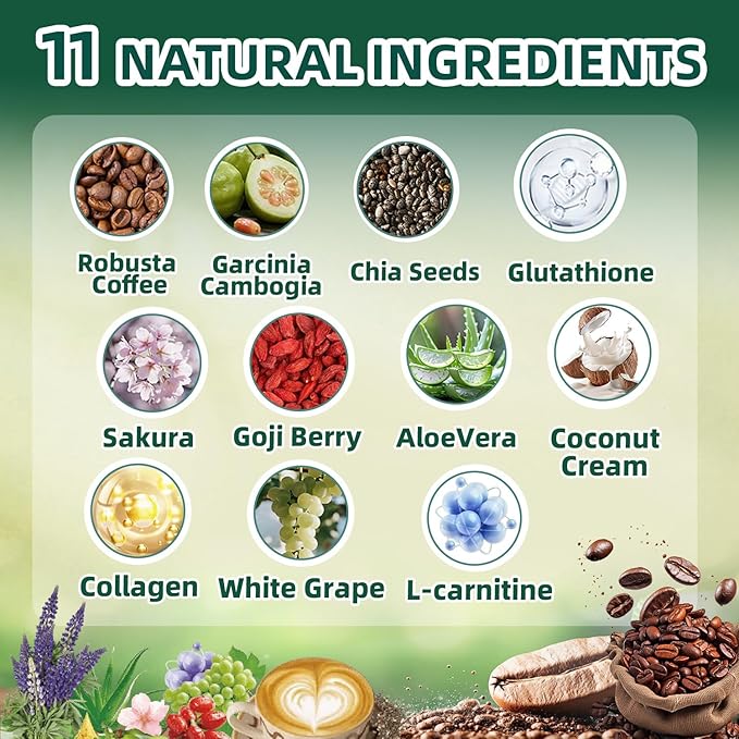 20x Collagen Chia Coffee - 11-in-1 Coffee Shape Mix with Collagen & Chia Seeds, L-Glutathione for Skin, Hair, Joints - Boost Energy and Improve Focus, Vegan Friendly, 45 Servings