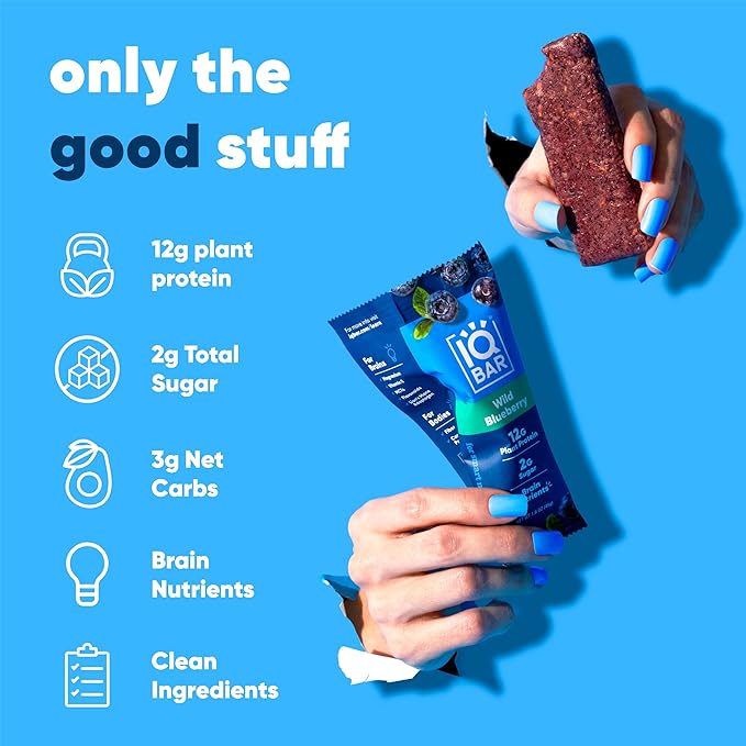IQBAR Brain and Body Plant Protein Bars - Wild Blueberry - 24-Count - Keto, Vegan, Low Carb, High Fiber, Gluten Free, Dairy Free, Low Sugar Snack with Nutrients for Focus, Energy, Meal Replacement